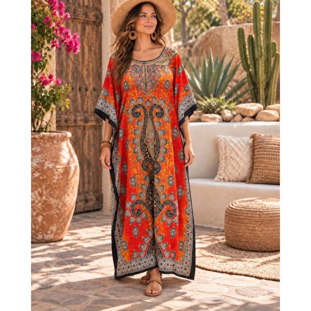 Sante Classics OS Kaftan Dress Boho Paisley Orange Black Cover Up HH36
